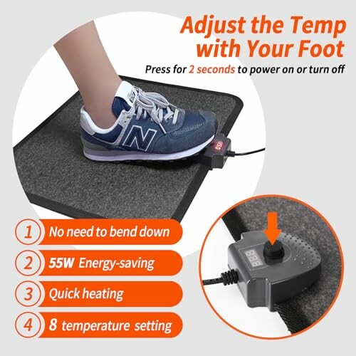 Foot adjusting temperature on heated mat with control dial.