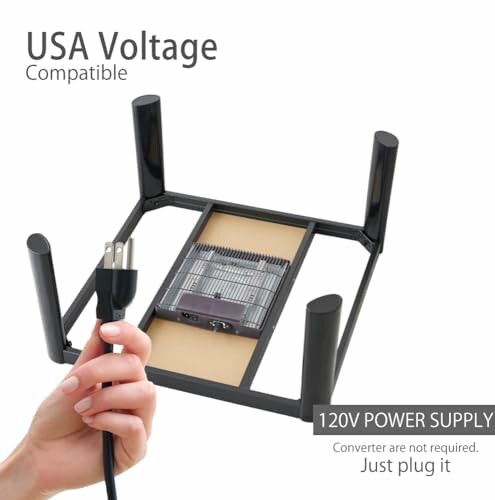 Table with USA voltage compatibility and plug.